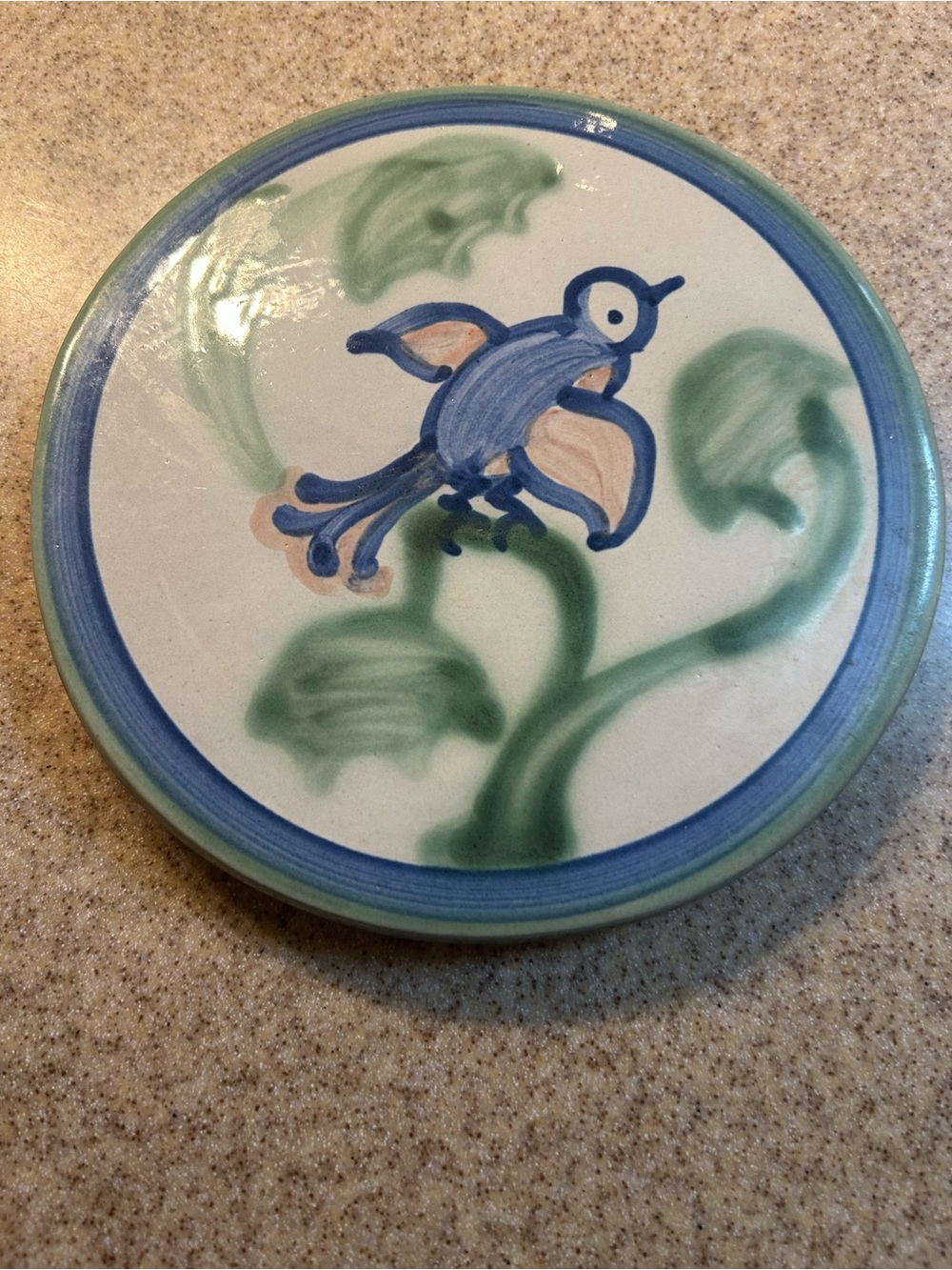 MA Hadley Pottery Stoneware Vintage New Bird Blue Bird Trivet Wall Hanging 6”